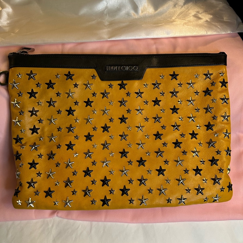 JIMMY CHOO AUTHENTIC LEATHER CLUTCH BAG WITH STAR STUDS YELLOW 14”W, 10”H